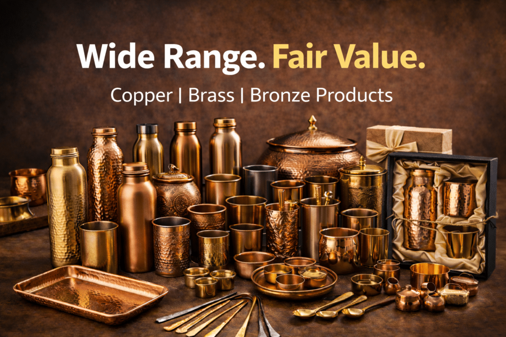 Wide range of copper, brass and bronze products including tongue cleaners, cookware and accessories